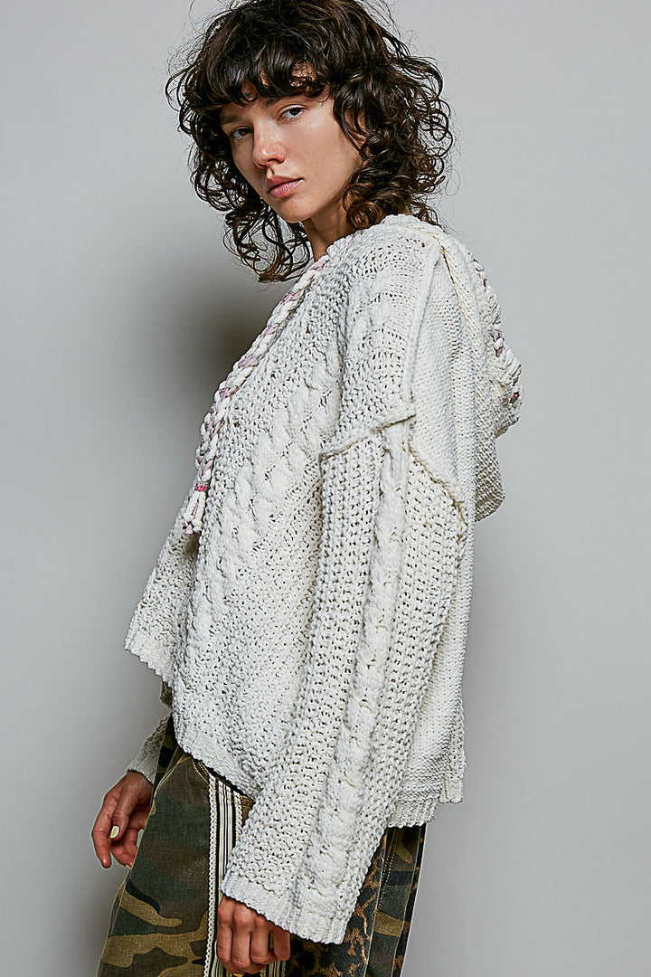 Chunky Hooded Cable Knit Pullover Sweater by POL - Cream