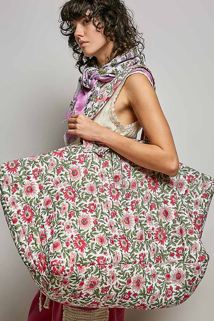 Ribbon-Tie Quilted Floral Jumbo Tote Bag - Pink by POL