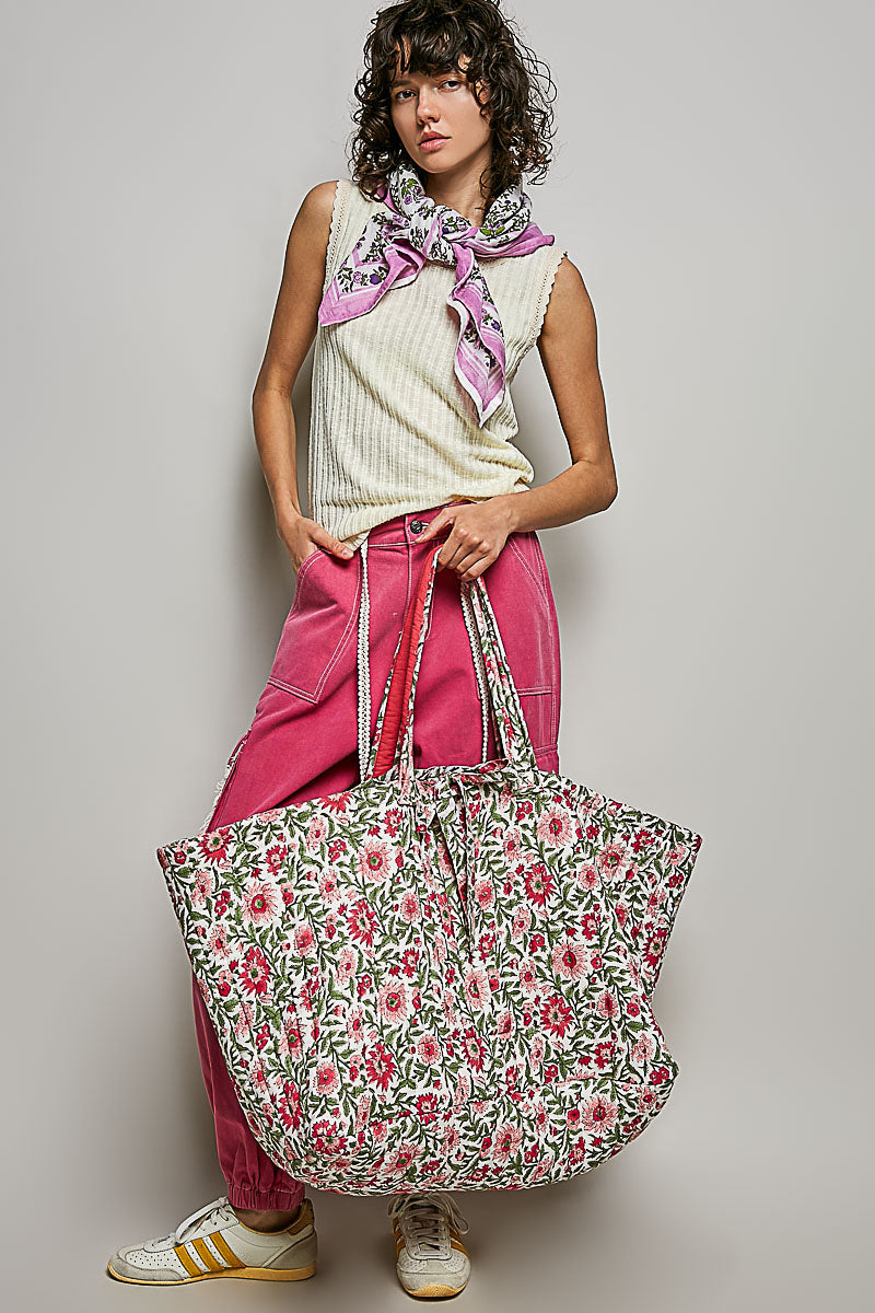 Ribbon-Tie Quilted Floral Jumbo Tote Bag - Pink by POL