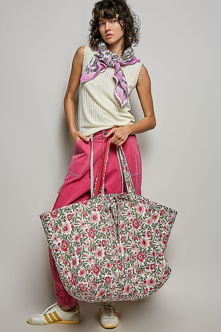 Ribbon-Tie Quilted Floral Jumbo Tote Bag - Pink by POL