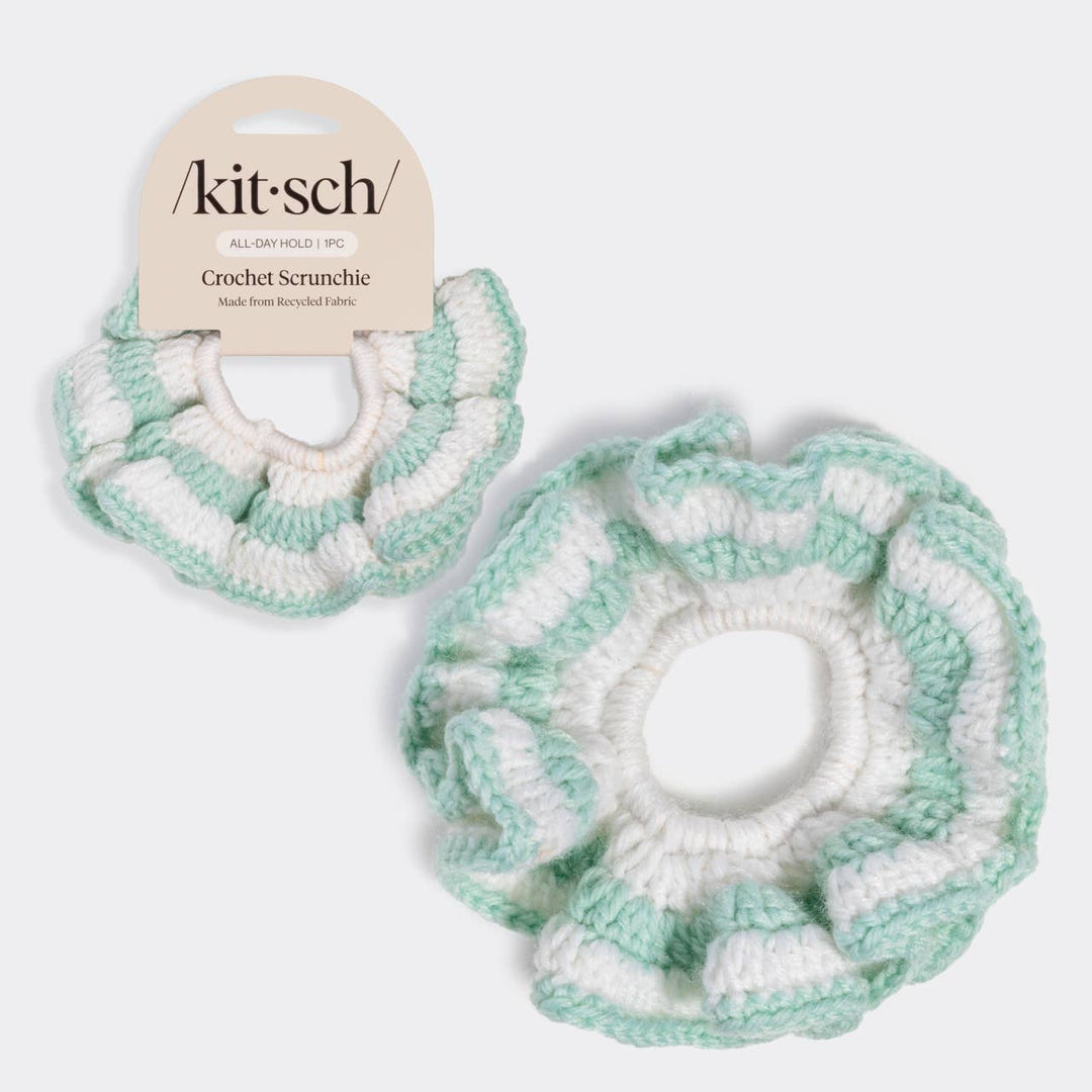 Kitsch Crochet Scrunchie in mint green and white stripe, shown next to its retail packaging card labeled "All-Day Hold | 1PC, Made from Recycled Fabric,"