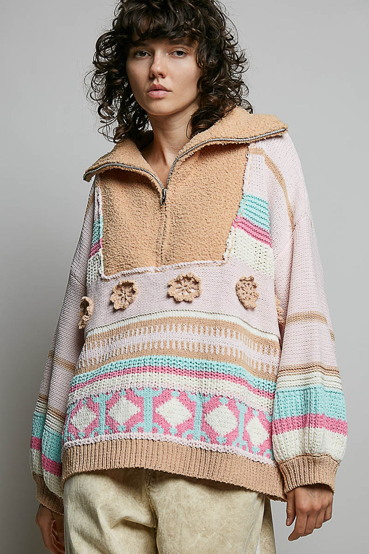 High Collar Half-Zip Color Block Pullover Sweater - Blush Multi by POL