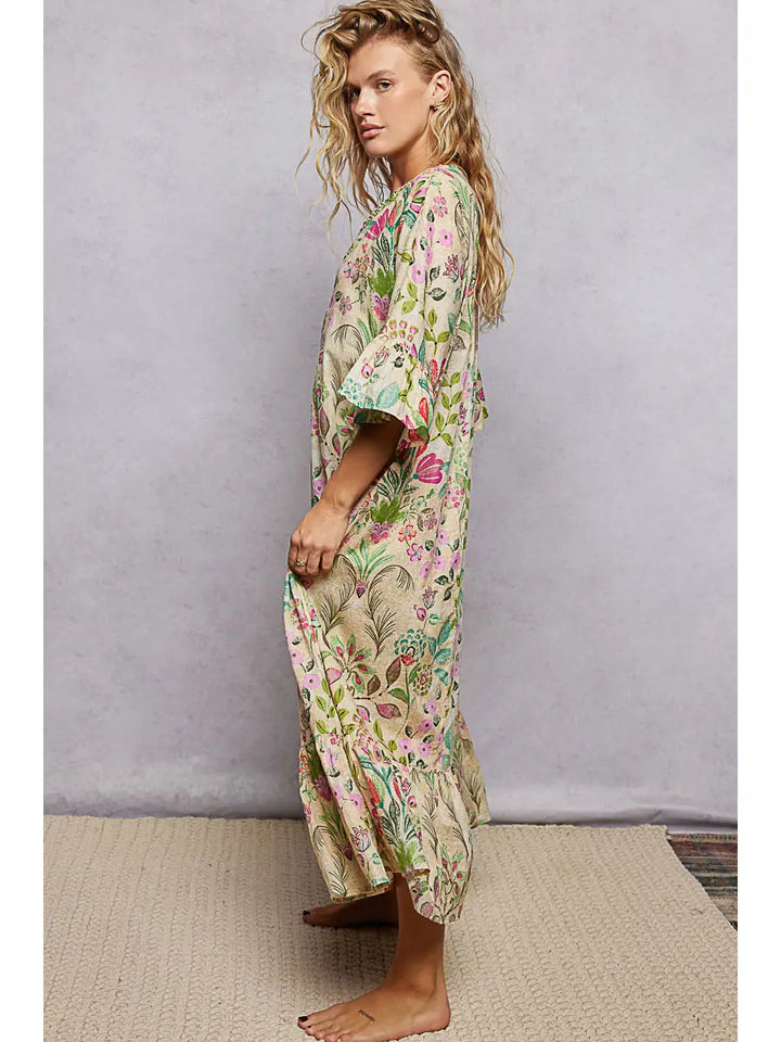 Deep V-Neck Beaded Ruffle Maxi Dress - Vanilla Multi by POL