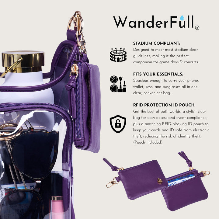 JUNE MARKET: Clear HydroBag® Stadium with Purple Trim and Matching RFID Pouch by Wanderfull (Ships in 2-3 Weeks)