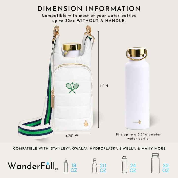 JUNE MARKET: White HydroBag with Tennis Embroidery and Navy, Green, White Strap by Wanderfull (Ships in 2-3 Weeks)