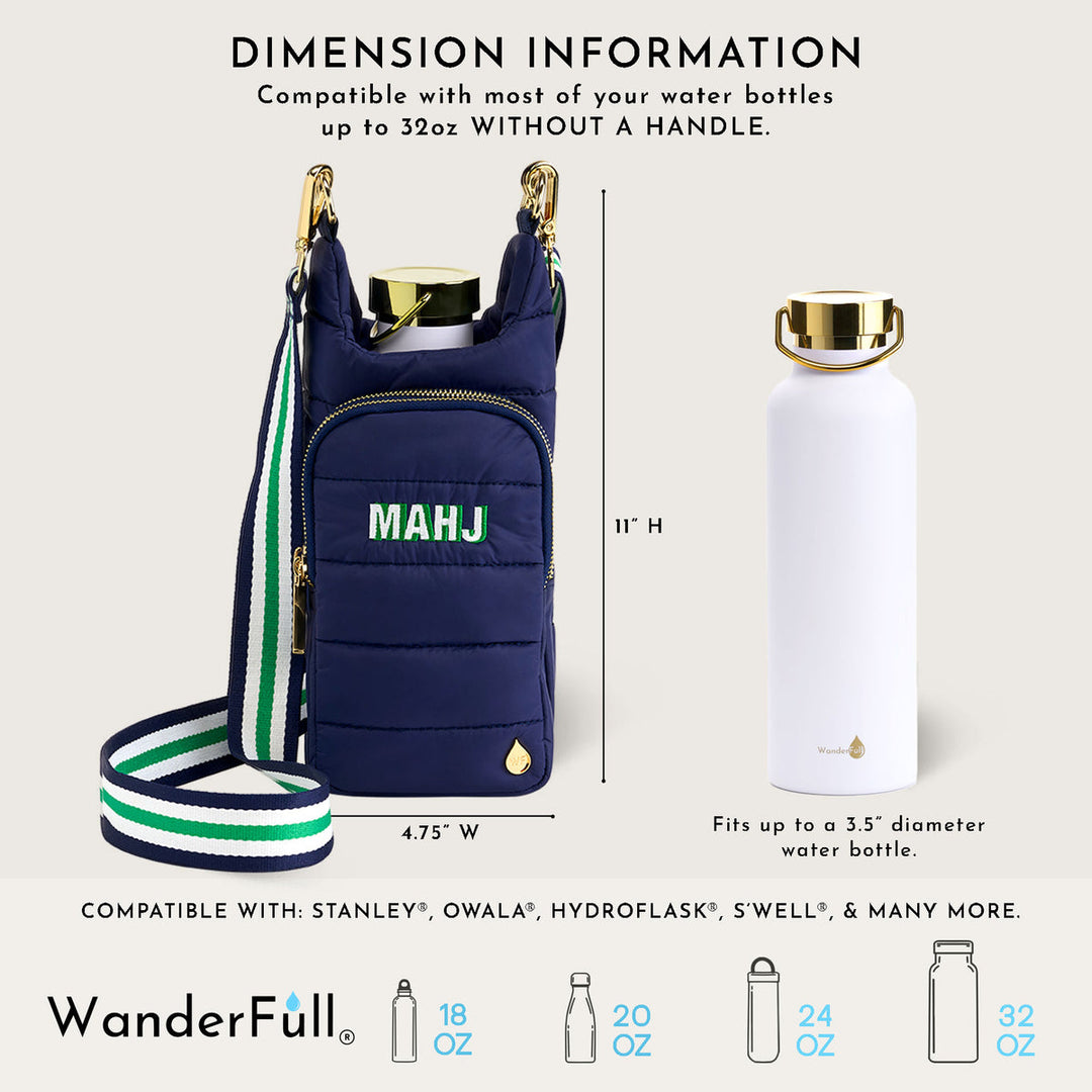JUNE MARKET: Navy HydroBag with Mahjong Embroidery and Navy, Green, White Strap by Wanderfull (Ships in 2-3 Weeks)