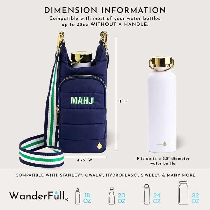 JUNE MARKET: Navy HydroBag with Mahjong Embroidery and Navy, Green, White Strap by Wanderfull (Ships in 2-3 Weeks)