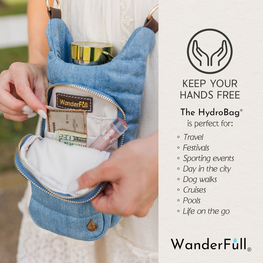 JUNE MARKET: Light Denim HydroBag® with Gold Hardware and Denim overlaid Vegan Leather Strap by Wanderfull (Ships in 2-3 Weeks)