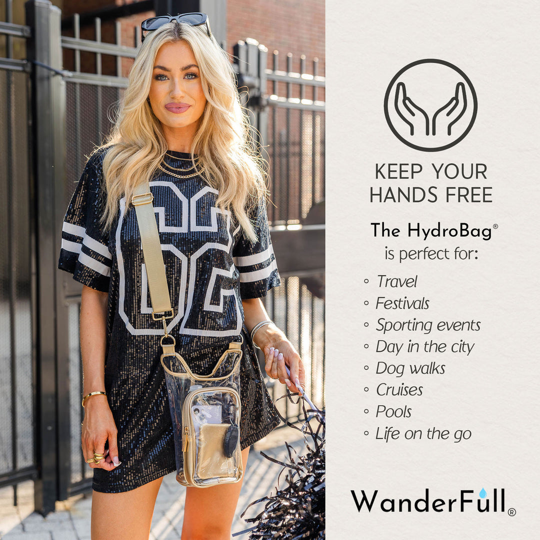 JUNE MARKET: Clear HydroBag® Stadium with Gold Trim and Matching RFID Pouch by Wanderfull (Ships in 2-3 Weeks)