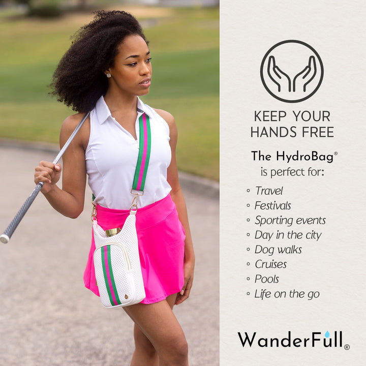 JUNE MARKET: HydroBag® HANDLE®-White Coated Perforated Neoprene HydroBag® with Pink/Green Stripe by Wanderfull (Ships in 2-3 Weeks)