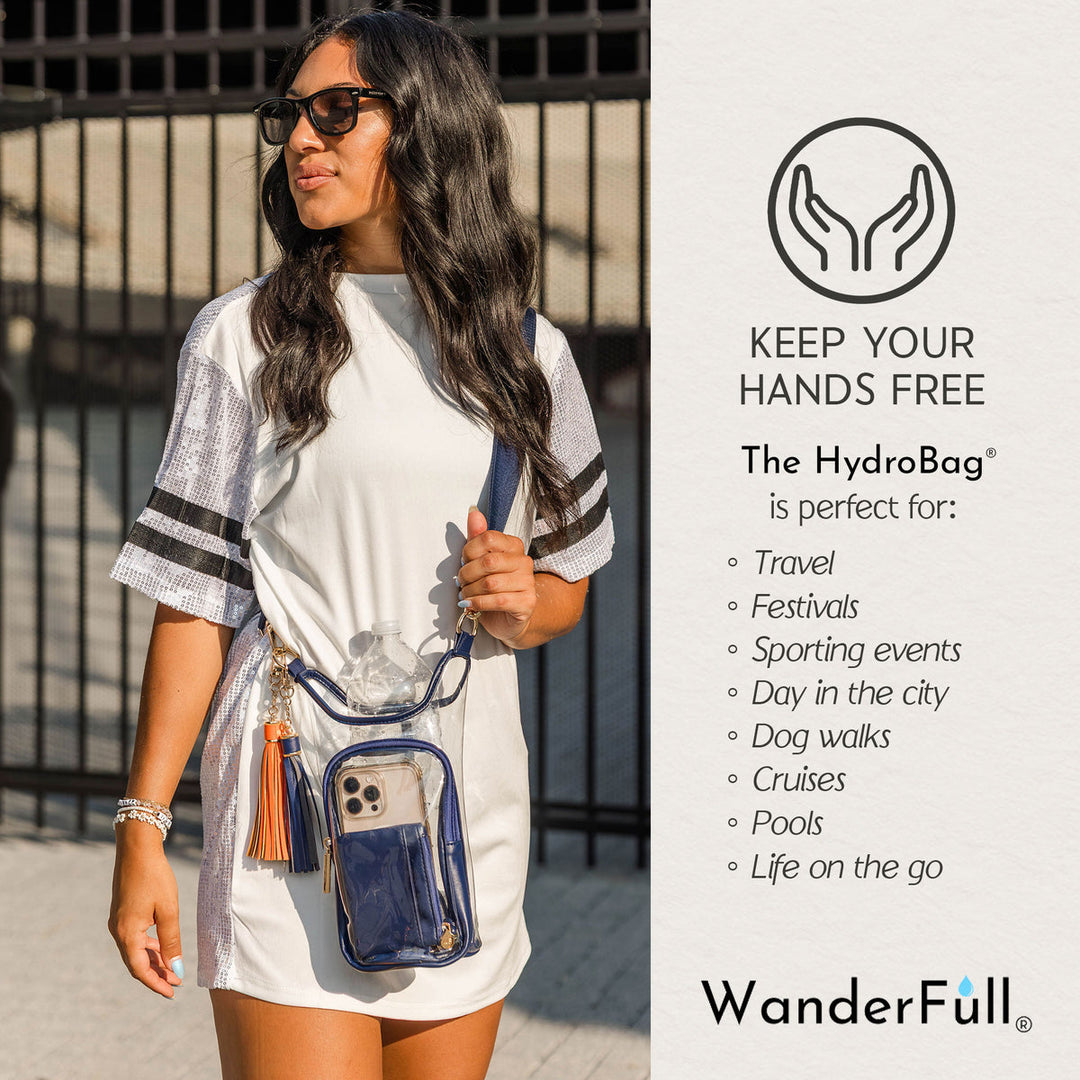 JUNE MARKET: Clear HydroBag® Stadium with Navy Trim and Matching RFID Pouch by Wanderfull (Ships in 2-3 Weeks)