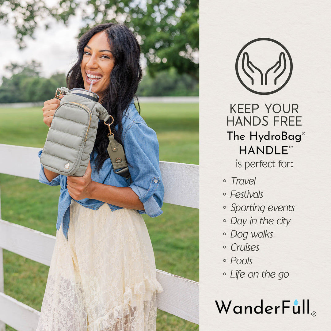 JUNE MARKET: HydroBag® HANDLE® - Sage Green with Solid Vegan Leather Trimmed Strap by Wanderfull (Ships in 2-3 Weeks)