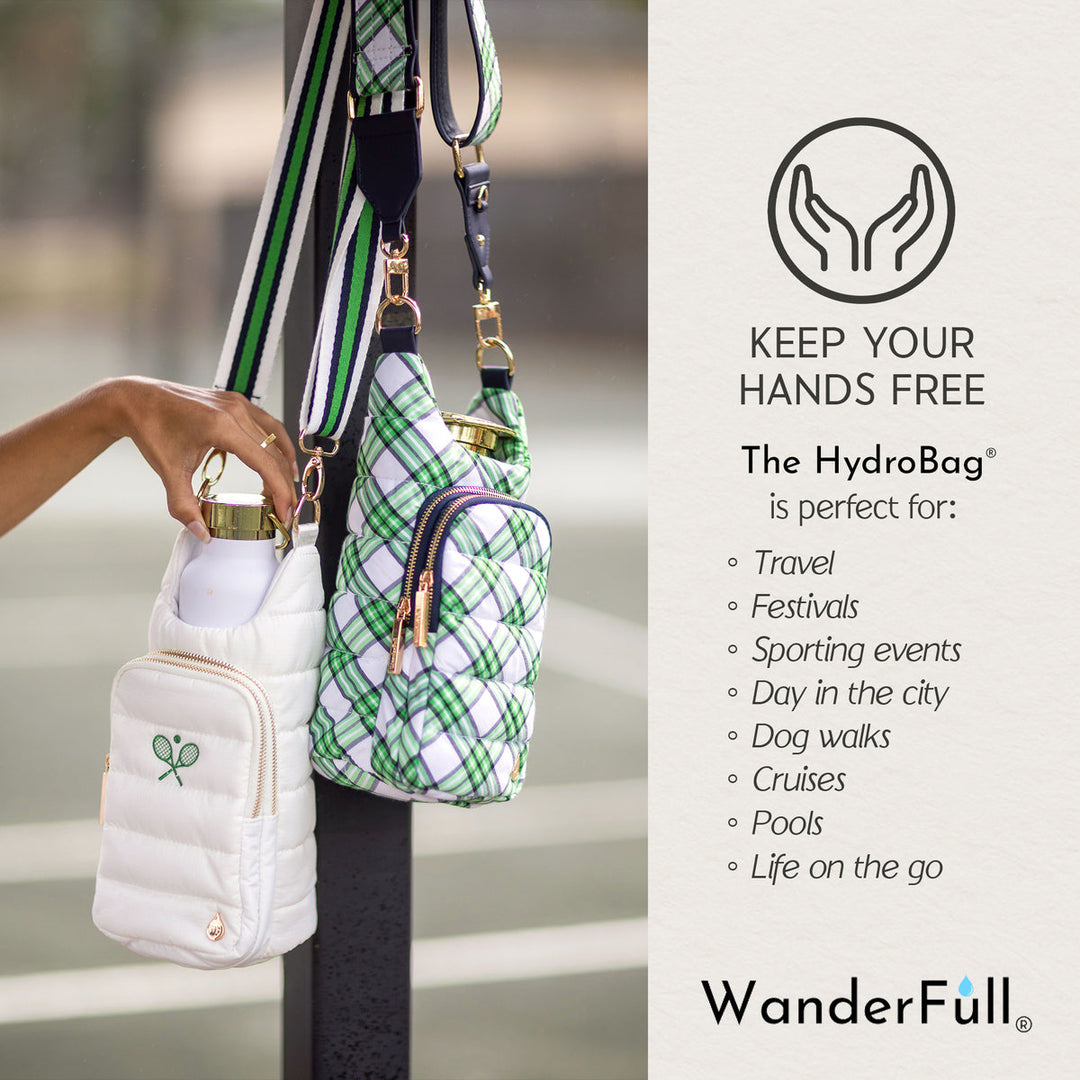 JUNE MARKET: White HydroBag with Tennis Embroidery and Navy, Green, White Strap by Wanderfull (Ships in 2-3 Weeks)
