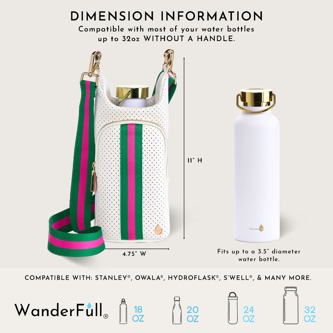 JUNE MARKET: HydroBag® HANDLE®-White Coated Perforated Neoprene HydroBag® with Pink/Green Stripe by Wanderfull (Ships in 2-3 Weeks)