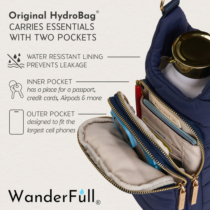 JUNE MARKET: Navy HydroBag with Mahjong Embroidery and Navy, Green, White Strap by Wanderfull (Ships in 2-3 Weeks)
