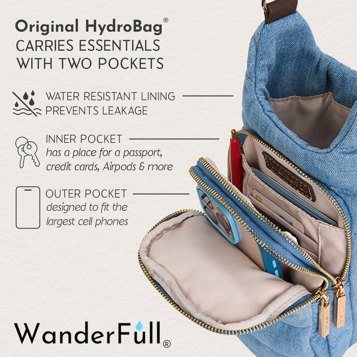 JUNE MARKET: Light Denim HydroBag® with Gold Hardware and Denim overlaid Vegan Leather Strap by Wanderfull (Ships in 2-3 Weeks)