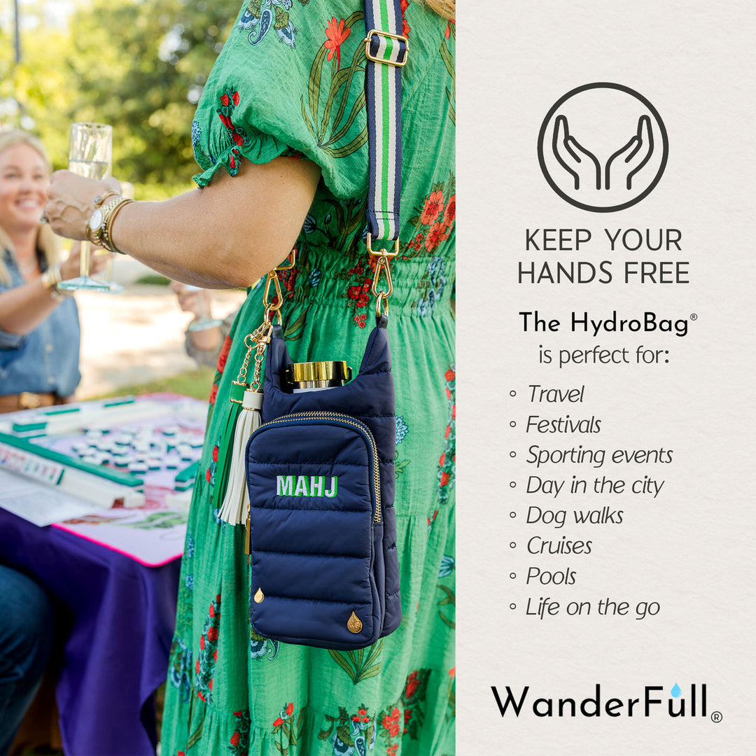 JUNE MARKET: Navy HydroBag with Mahjong Embroidery and Navy, Green, White Strap by Wanderfull (Ships in 2-3 Weeks)