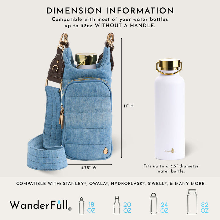 JUNE MARKET: Light Denim HydroBag® with Gold Hardware and Denim overlaid Vegan Leather Strap by Wanderfull (Ships in 2-3 Weeks)