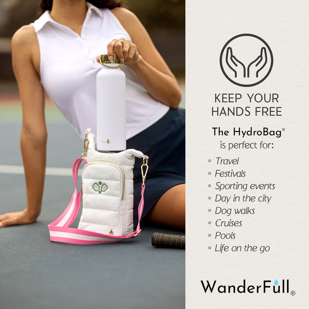 JUNE MARKET: White HydroBag® with Pickleball Embroidery and Striped Strap by Wanderfull (Ships in 2-3 Weeks)
