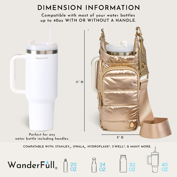 JUNE MARKET: HydroBag® HANDLE®- Gold Shiny with Vegan Leather Trimmed Solid Strap by Wanderfull (Ships in 2-3 Weeks)