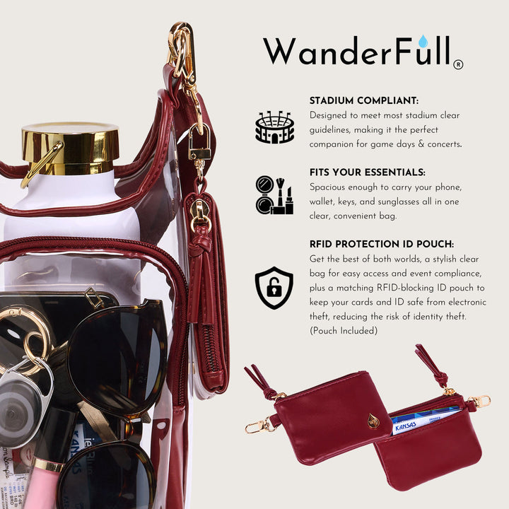 JUNE MARKET: Clear HydroBag® Stadium with Maroon Trim and Matching RFID Pouch by Wanderfull (Ships in 2-3 Weeks)