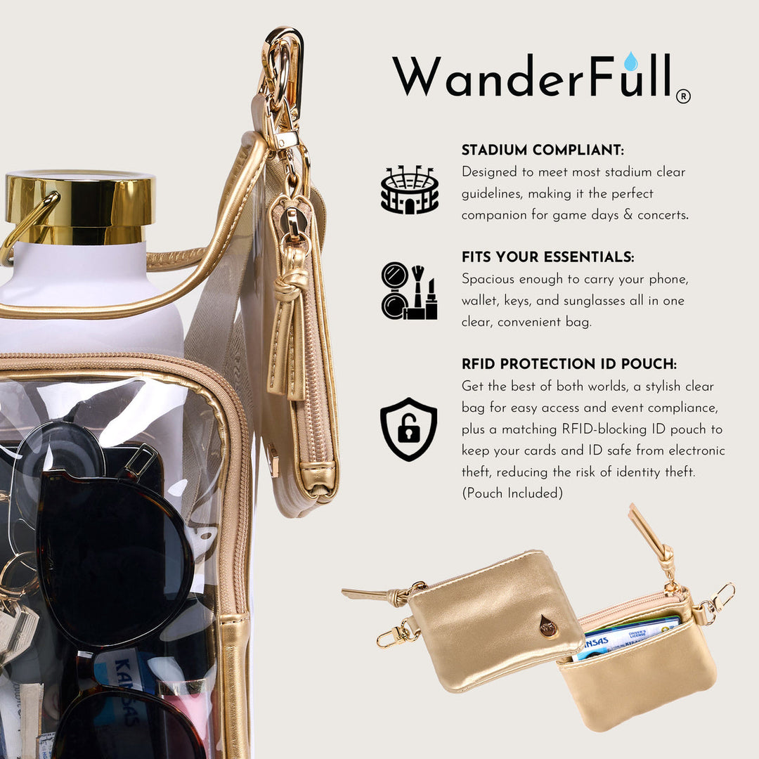JUNE MARKET: Clear HydroBag® Stadium with Gold Trim and Matching RFID Pouch by Wanderfull (Ships in 2-3 Weeks)