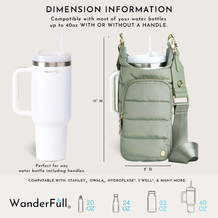JUNE MARKET: HydroBag® HANDLE® - Sage Green with Solid Vegan Leather Trimmed Strap by Wanderfull (Ships in 2-3 Weeks)