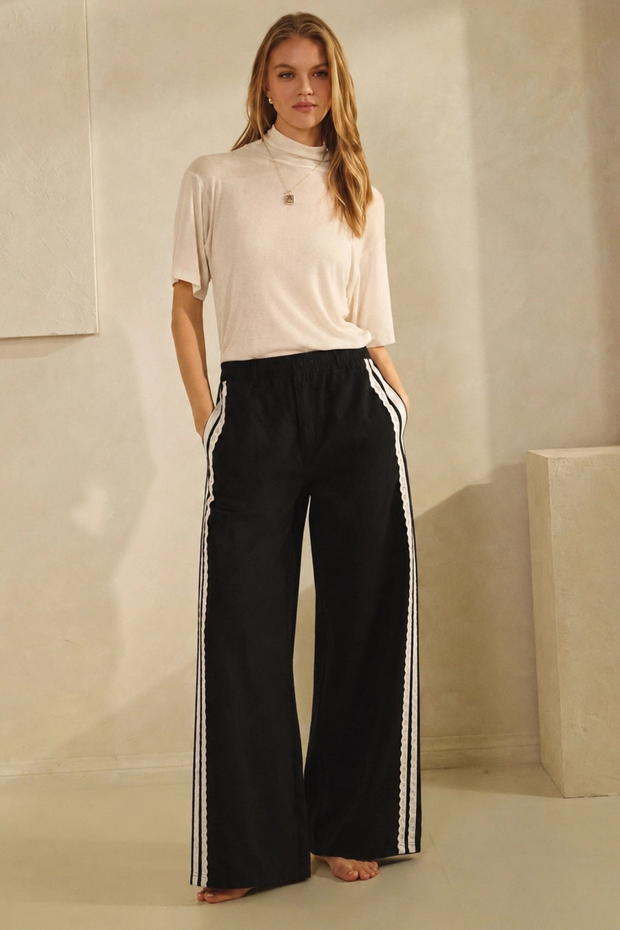 Black Wide Leg Pants with White Lace Trim by Oddi