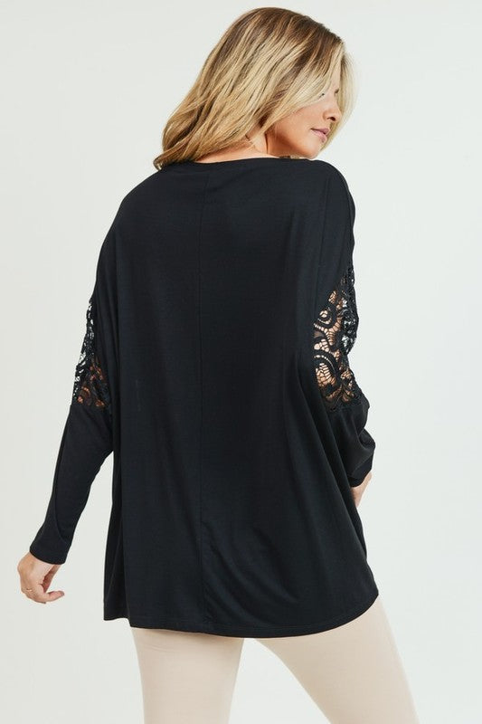 Everyday Basic Lace Dolman Sleeve Crewneck Top by Yelete