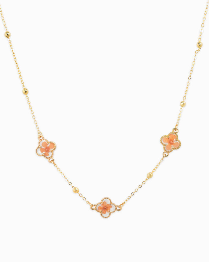 Pressed Flower Clover Station Necklace - Pink
