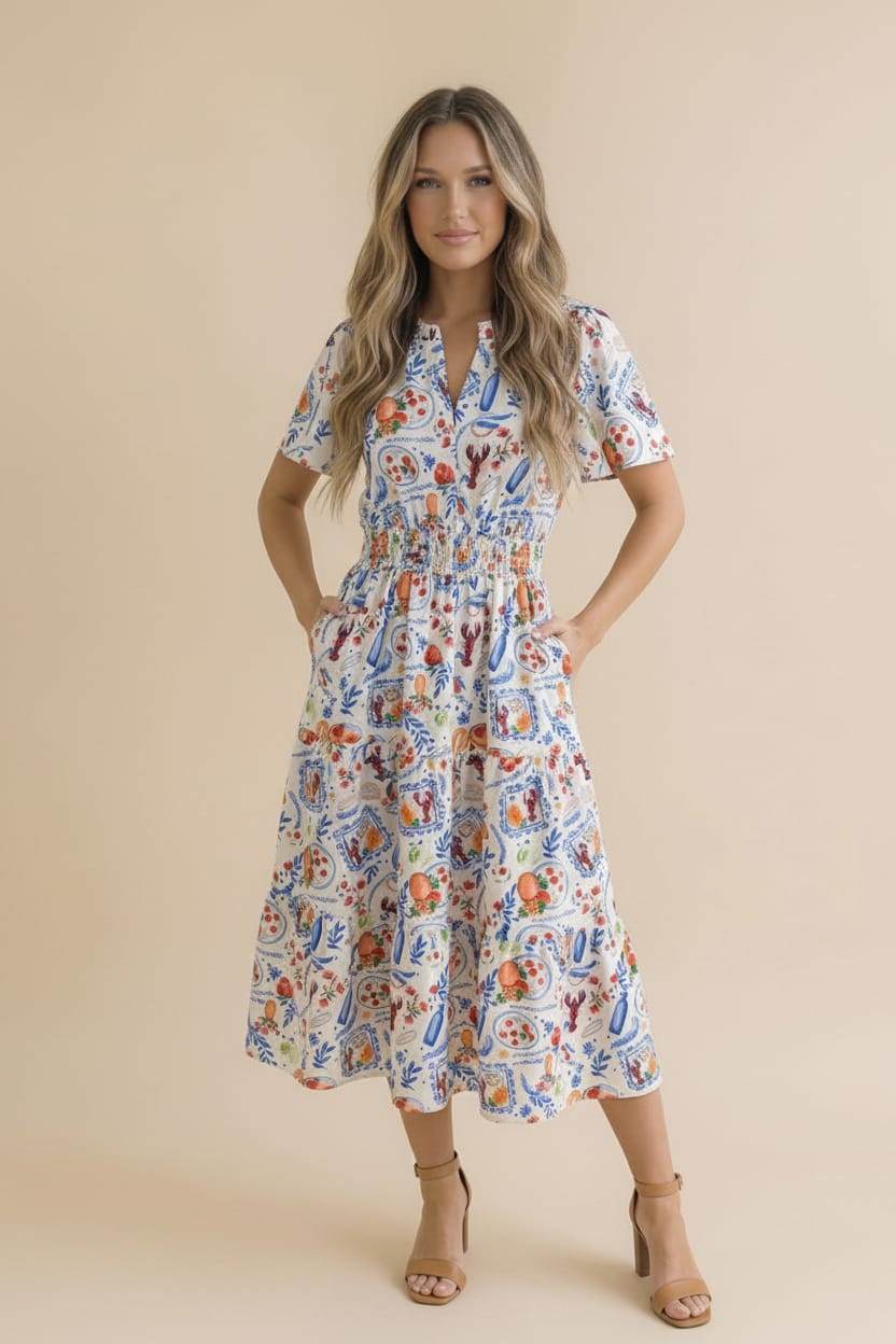 Notch Neck Smocked Waist Lobster Maxi Dress