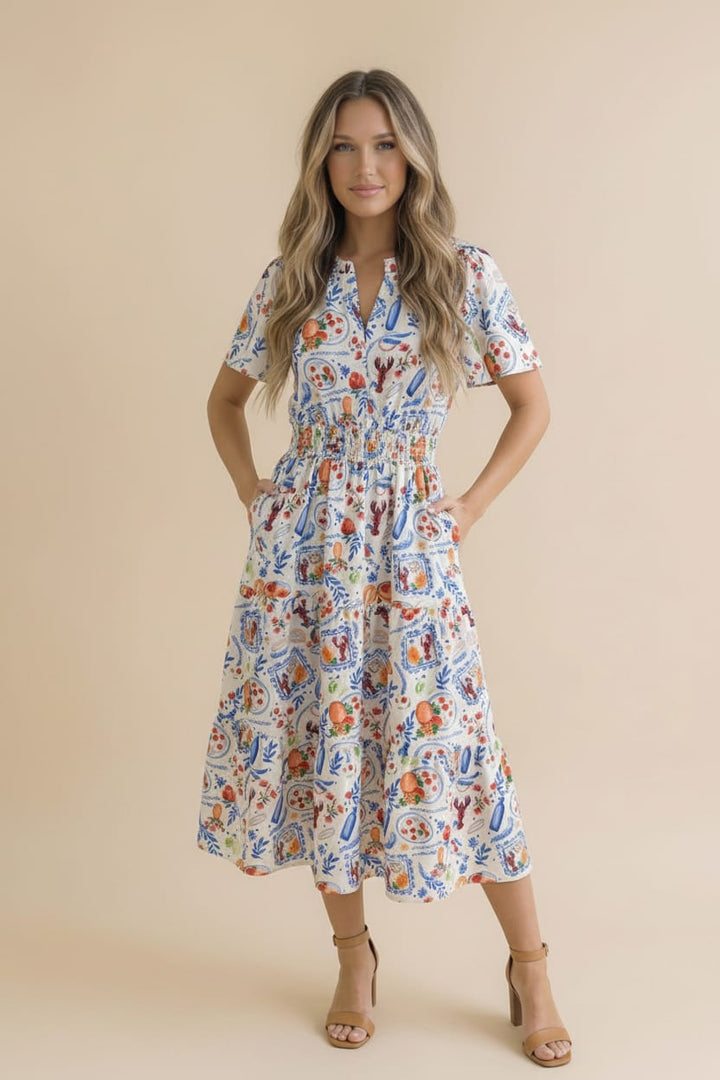 Notch Neck Smocked Waist Lobster Maxi Dress
