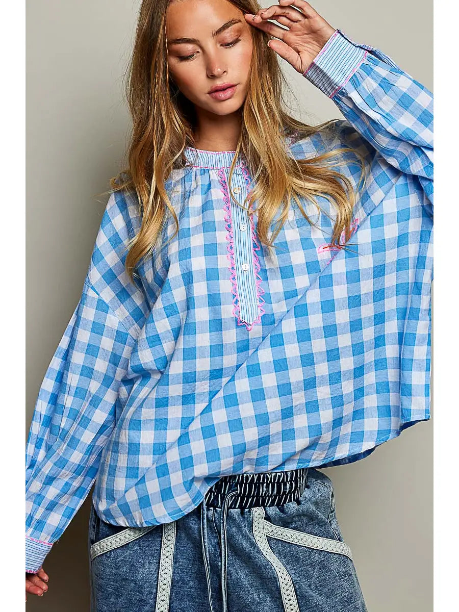 Palm-Tree Embroidery Plaid Blouse Top - Blue by POL