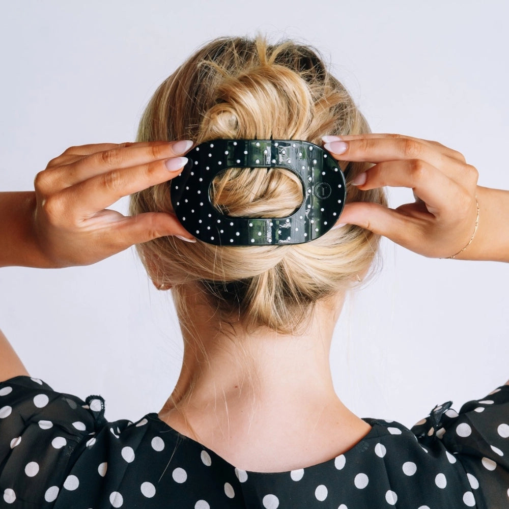 Large Teleties Flat Oval Clip - Black Polka Dot Party (Ships Next Week)