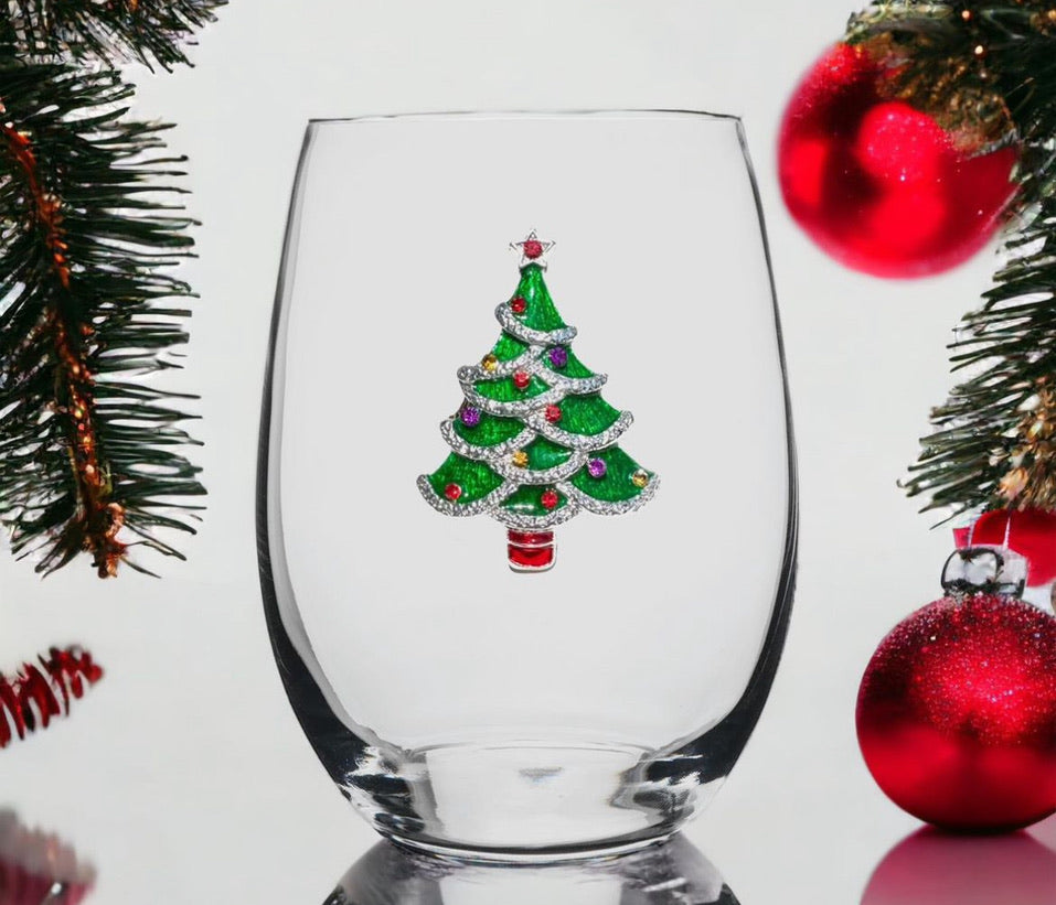 Jeweled Christmas Tree Stemless Wine Glass