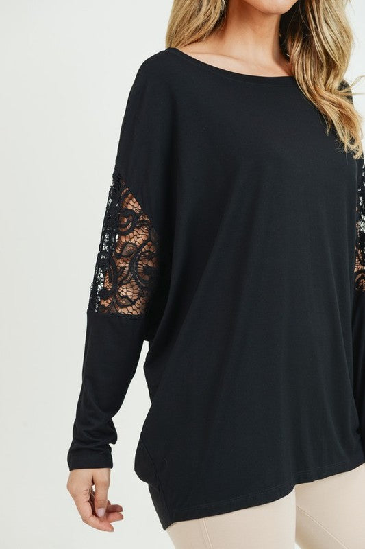 Everyday Basic Lace Dolman Sleeve Crewneck Top by Yelete