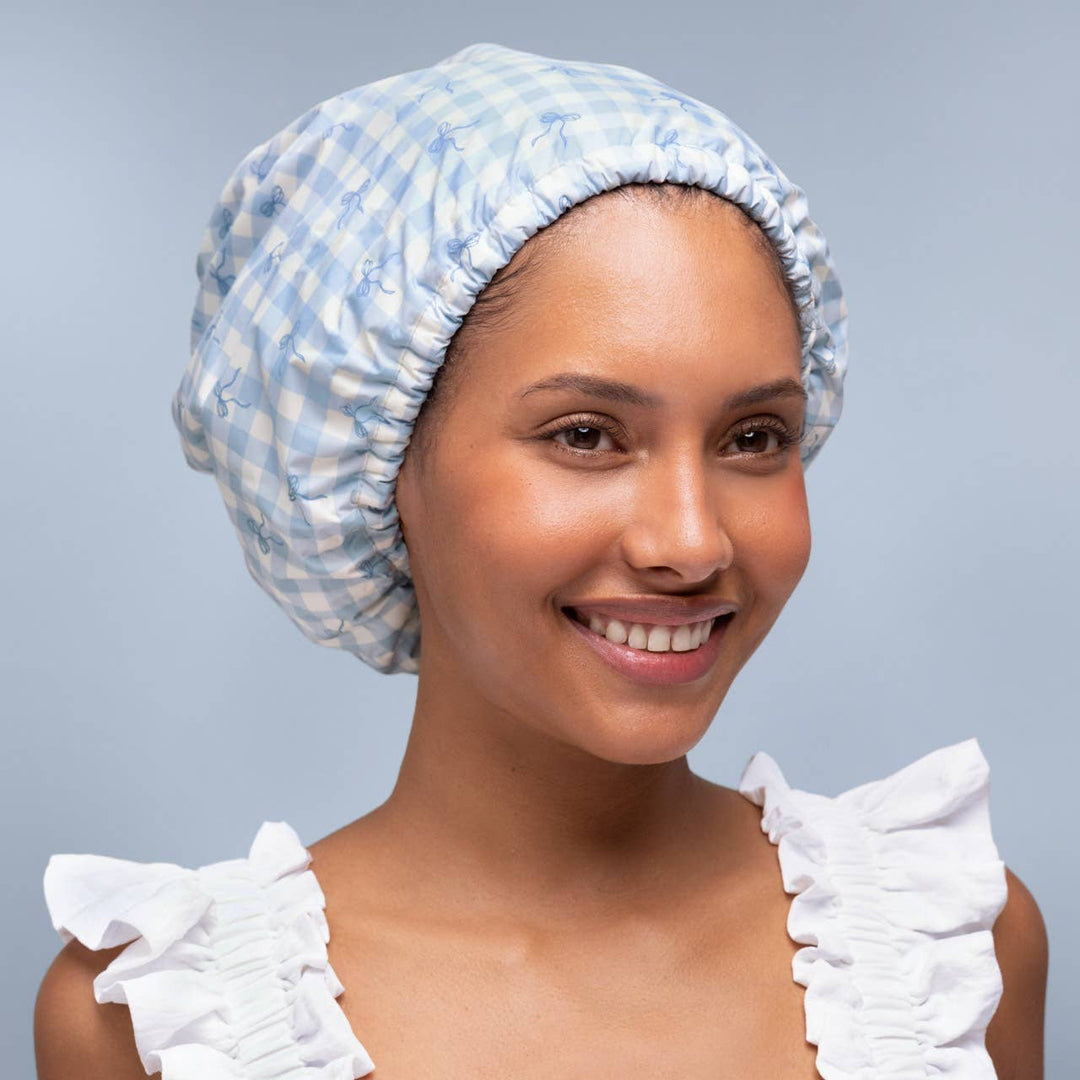 Satin Lined Flexi Shower Cap - Gingham Blue