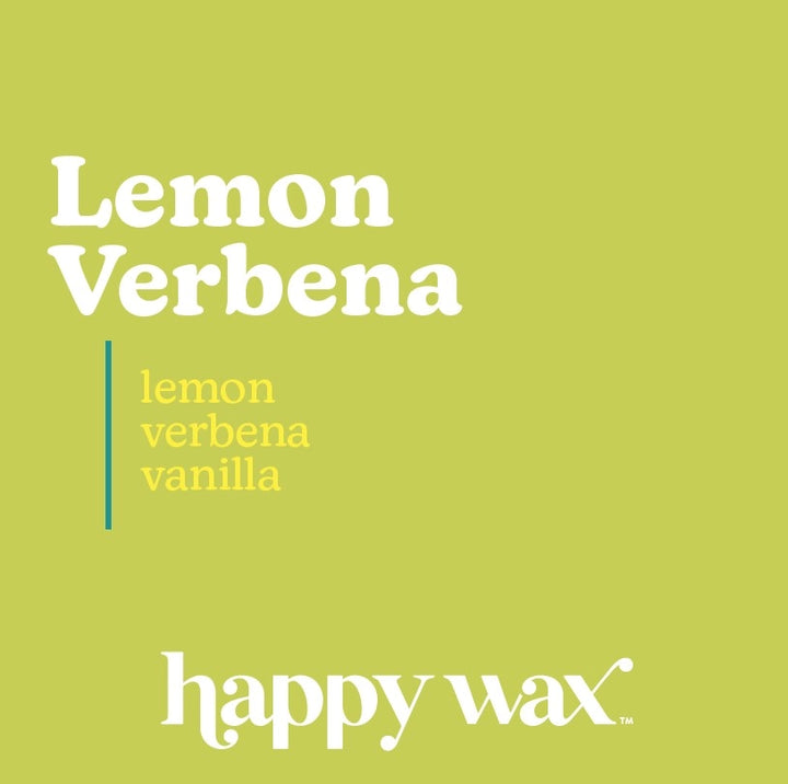 Happy Wax Lemon Verbena scent notes graphic listing lemon, verbena, and vanilla on a yellow-green background.