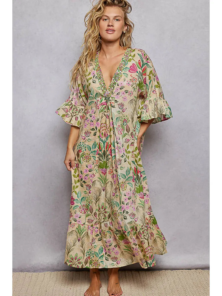Deep V-Neck Beaded Ruffle Maxi Dress - Vanilla Multi by POL