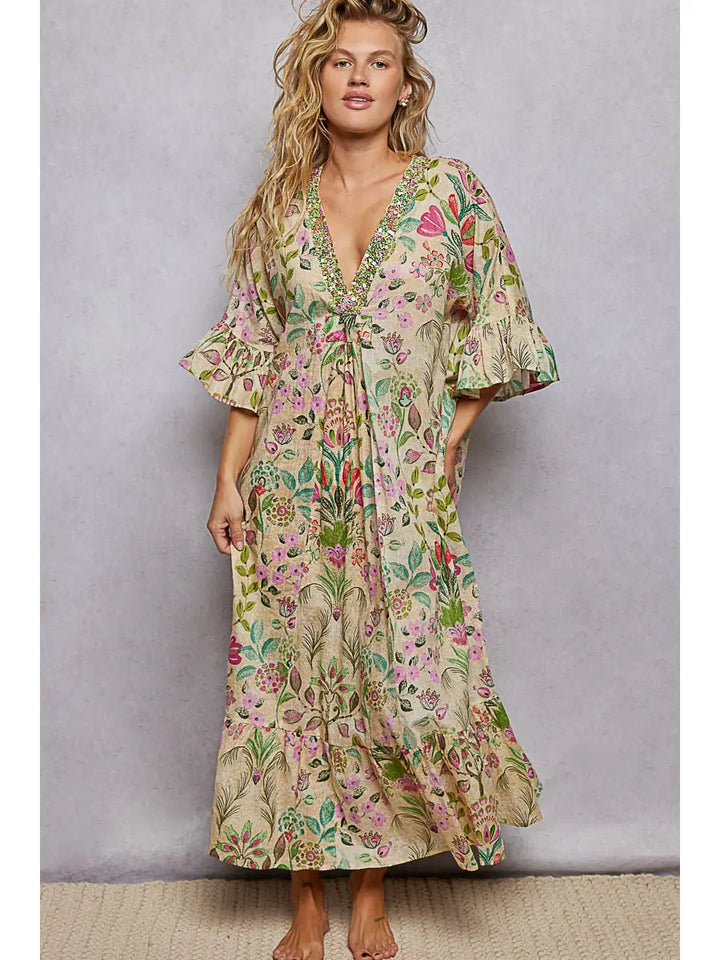 Deep V-Neck Beaded Ruffle Maxi Dress - Vanilla Multi by POL