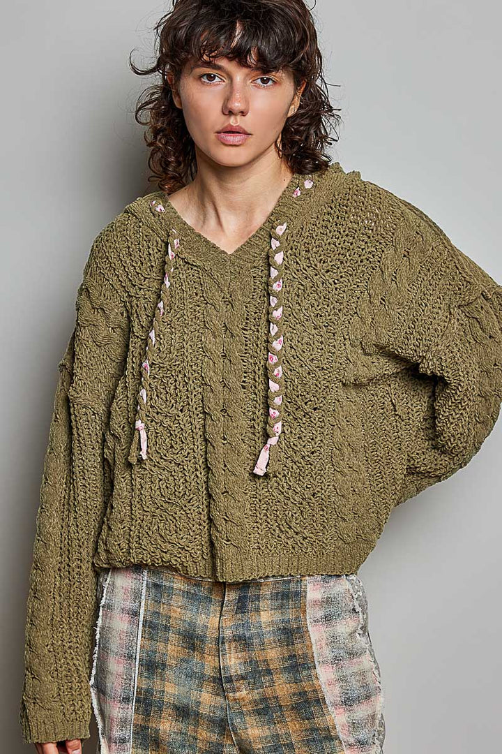 Chunky Hooded Cable Knit Pullover Sweater - Moss Khaki by POL