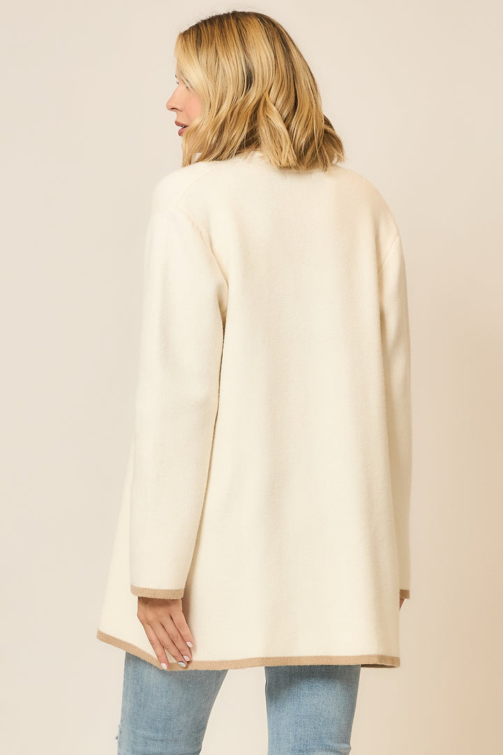 Contrast Hem Stripe Heavy Knit Cardigan - Cream/Taupe by Cozy Co