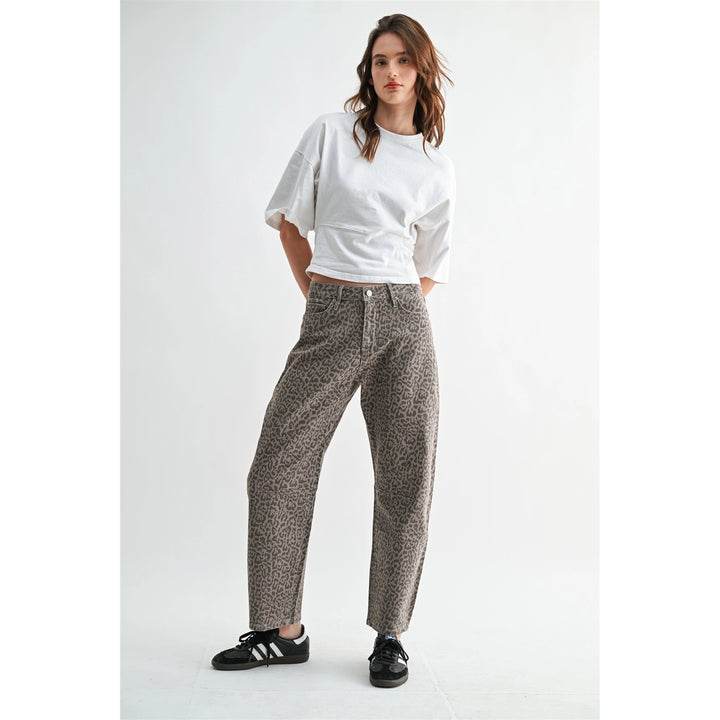 Printed Ash High Rise Straight-Tummy Tuck Ankle Barrel Pants By Mica Denim