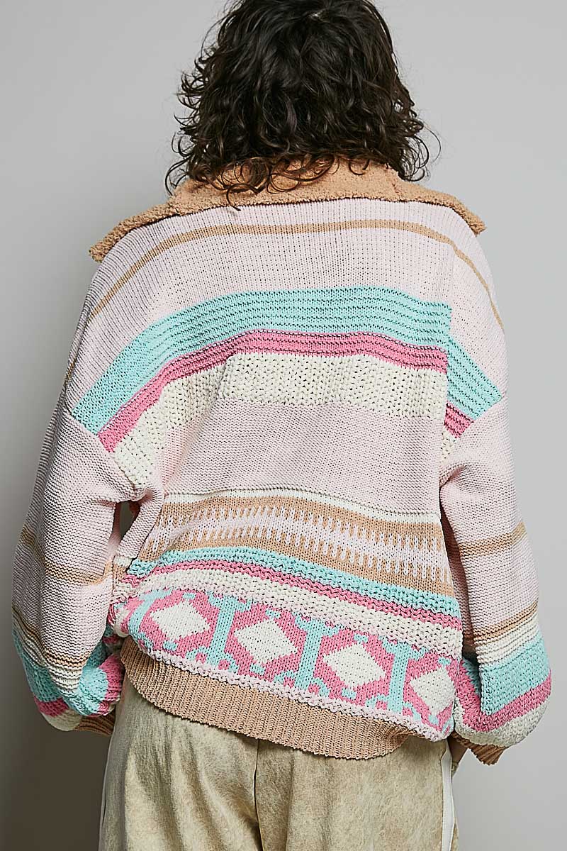 High Collar Half-Zip Color Block Pullover Sweater - Blush Multi by POL