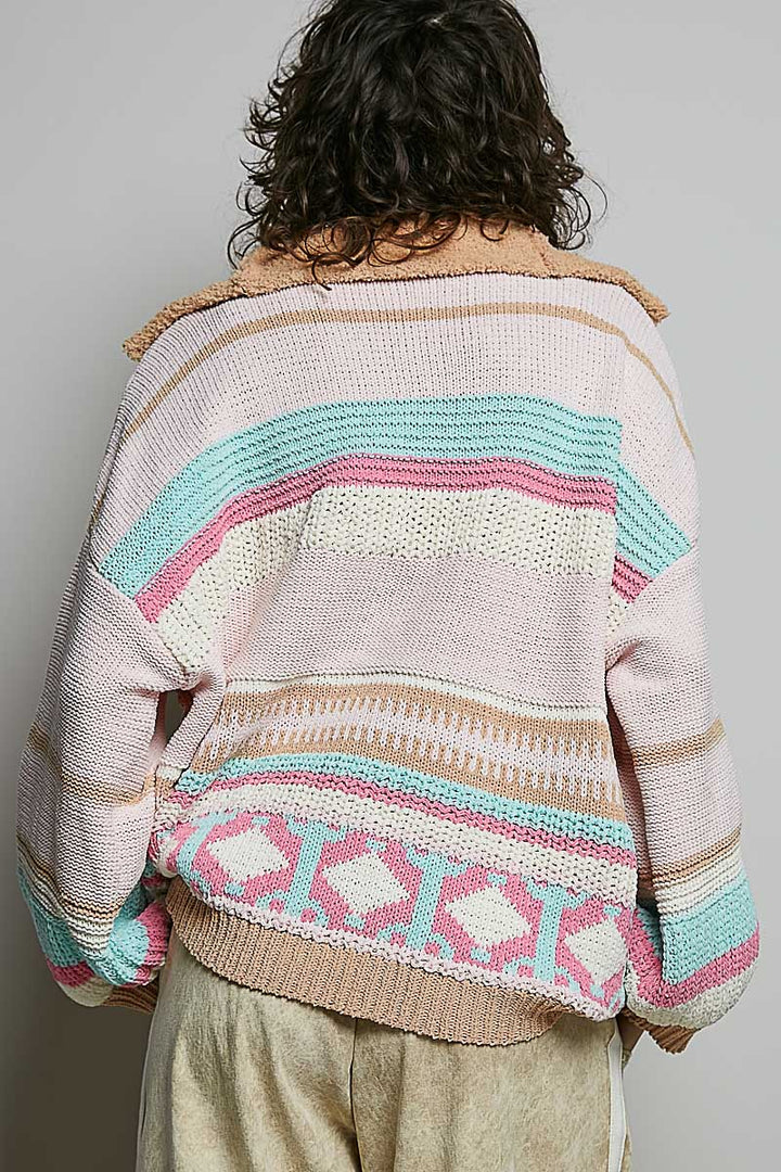 High Collar Half-Zip Color Block Pullover Sweater - Blush Multi by POL