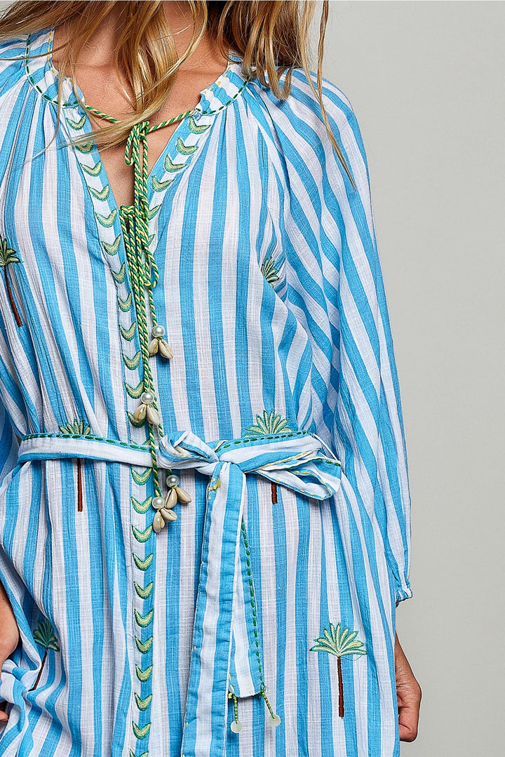 Palm Tree Embroidery Lightweight Striped Maxi Dress - Blue by POL