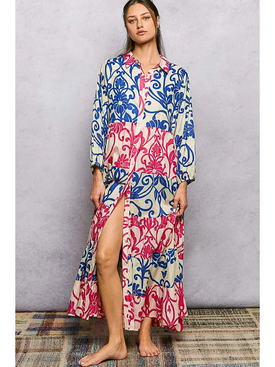 Button-Front Bold Colorful Maxi Dress - Pink & Blue by POL