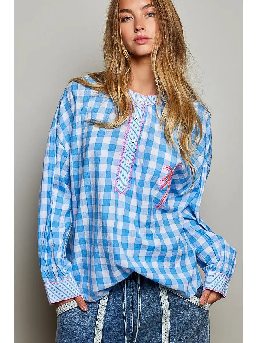 Palm-Tree Embroidery Plaid Blouse Top - Blue by POL