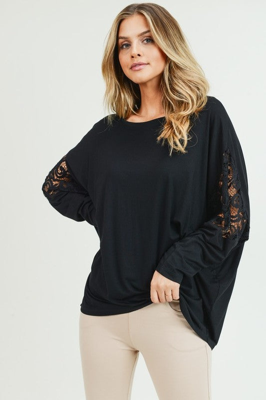 Everyday Basic Lace Dolman Sleeve Crewneck Top by Yelete
