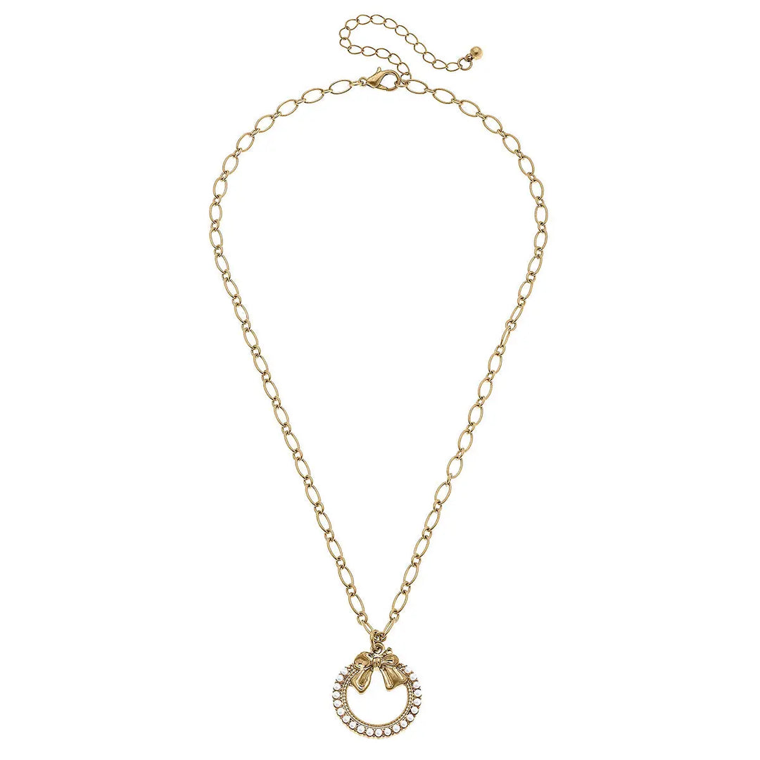 Rowen Pearl Bow Wreath Pendant Necklace in Worn Gold